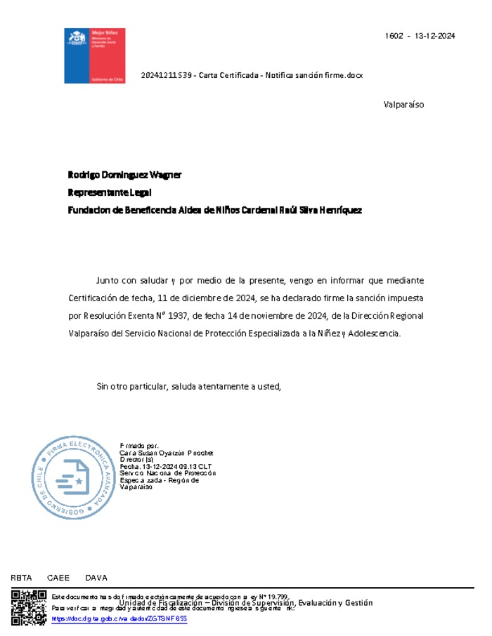 Resolución Exenta N* 1937y certificación firme Amonestación REM Punta Tralca- Fundación Aldea Niños Cardenal  Raul Silva Henriquez
