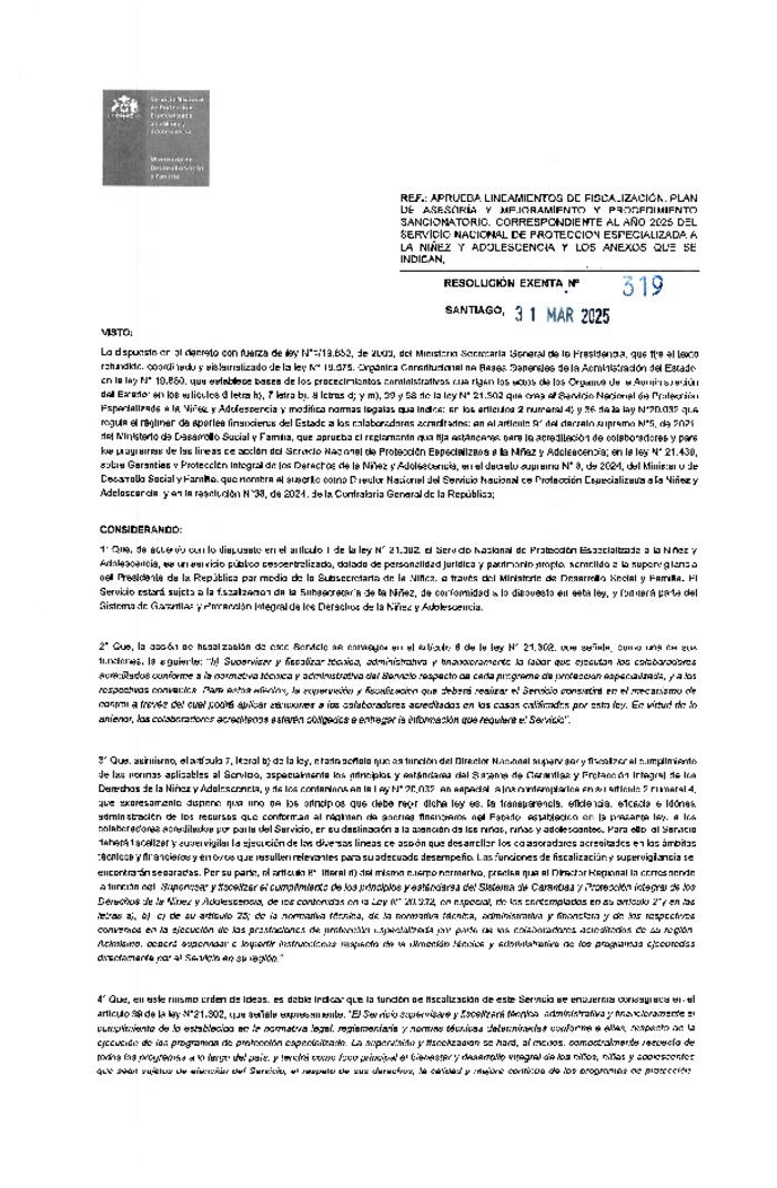 Resolución Exenta 319/2025 Lineamientos de Fiscalización, Planes de Asesoría y Mejoramiento y Procedimiento Sancionatorio