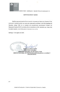 Amonestación Escrita aplicada por Resolución Exenta N°704 de fecha 07-04-2025 y declarada firme por Certificación N° 4 del 27 de agosto de 2025