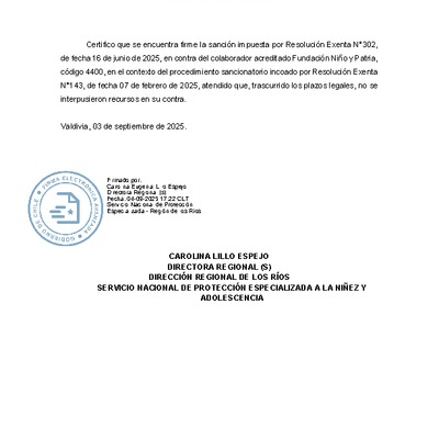 Sanción firme- Fundación Niño y Patria- RVT Llacolén