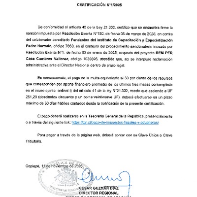 Sanción firme- FUNDACIÓN ICEPH-REM PER CASA CUMBRES VALLENAR
