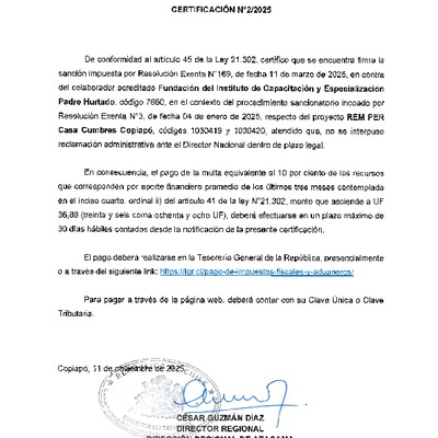 Sanción firme- FUNDACIÓN ICEPH-REM PER CASA CUMBRES COPIAPÓ