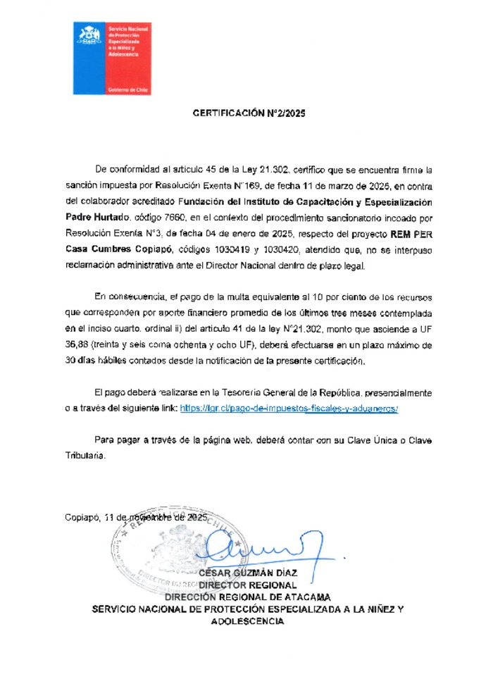 Sanción firme- FUNDACIÓN ICEPH-REM PER CASA CUMBRES COPIAPÓ