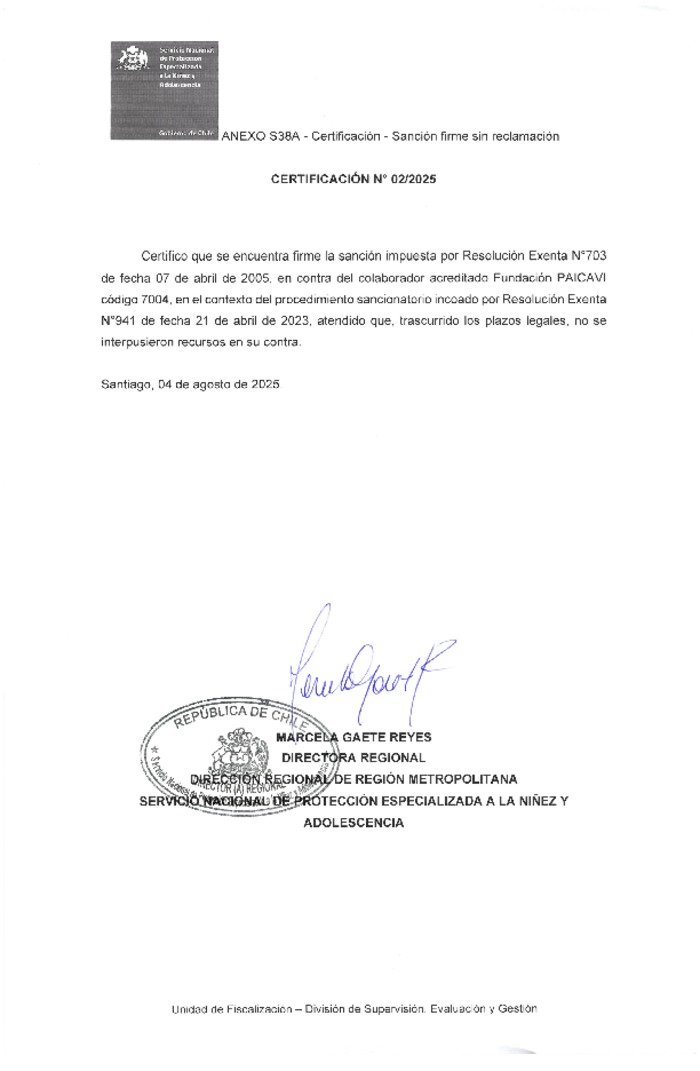 Sanción Firme - Fundación Paicaví - REM PER Hogar de Niñas Quillahua